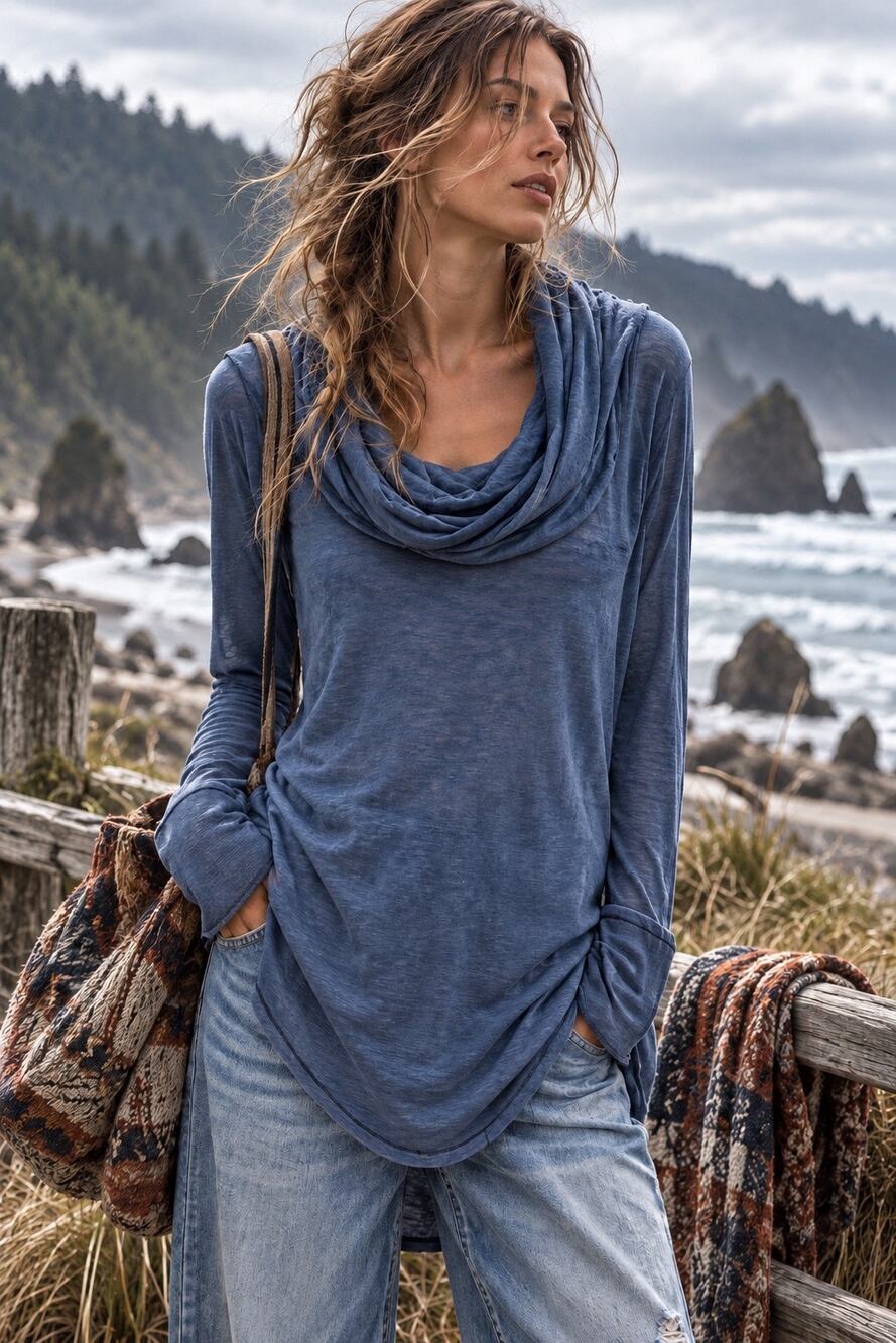 Free People We The Free Cosmo Cowl Neck Boho Blue Long SleeveTop Large